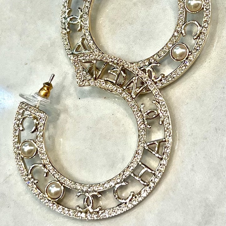 CHANEL CRYSTAL PEARL CC HOOP EARRINGS