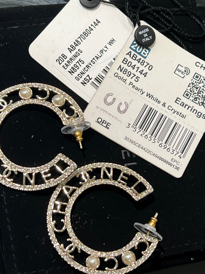 CHANEL CRYSTAL PEARL CC HOOP EARRINGS
