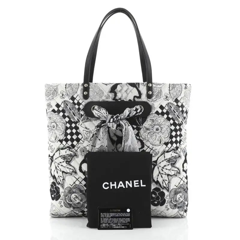 CHANEL CAMELLIA QUILTED CORDUROY &amp; SILK SCARF TOTE BAG