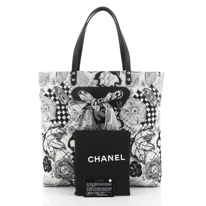 CHANEL CAMELLIA QUILTED CORDUROY &amp; SILK SCARF TOTE BAG