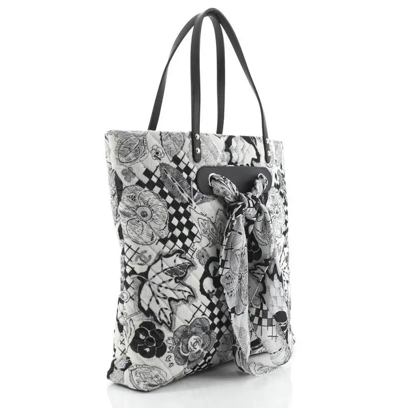 CHANEL CAMELLIA QUILTED CORDUROY &amp; SILK SCARF TOTE BAG