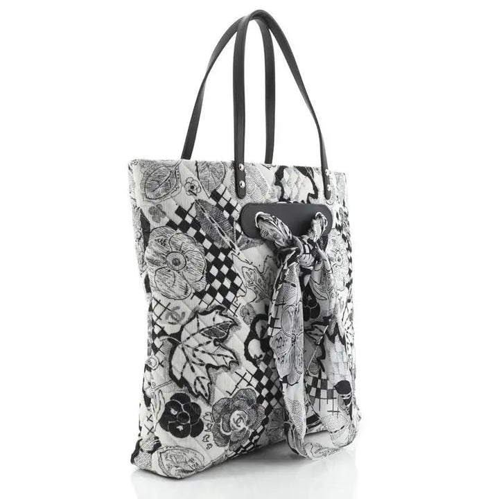 CHANEL CAMELLIA QUILTED CORDUROY &amp; SILK SCARF TOTE BAG