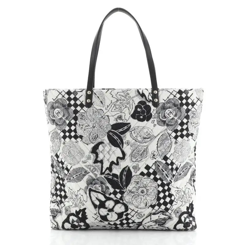 CHANEL CAMELLIA QUILTED CORDUROY &amp; SILK SCARF TOTE BAG
