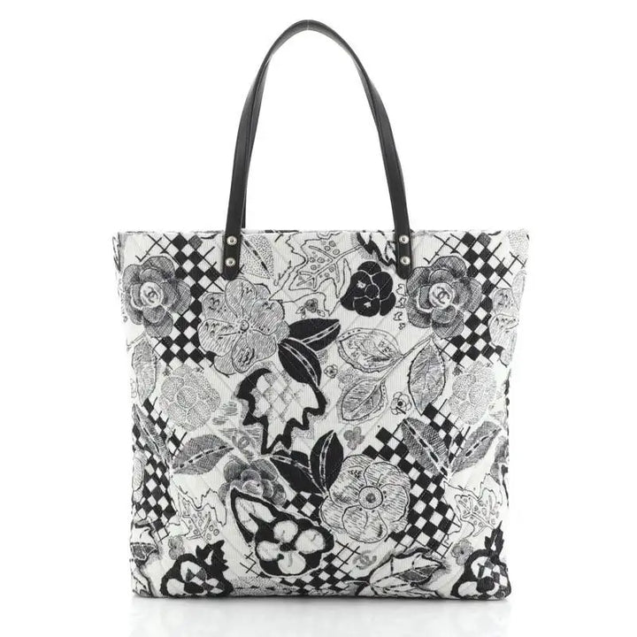CHANEL CAMELLIA QUILTED CORDUROY &amp; SILK SCARF TOTE BAG