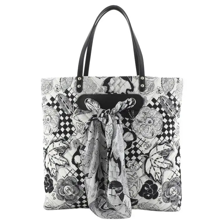 CHANEL CAMELLIA QUILTED CORDUROY &amp; SILK SCARF TOTE BAG