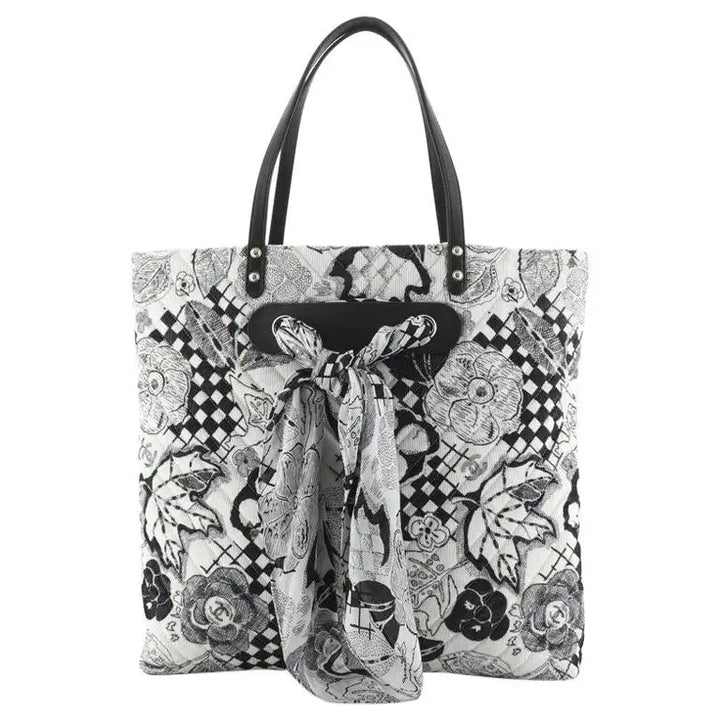 CHANEL CAMELLIA QUILTED CORDUROY &amp; SILK SCARF TOTE BAG
