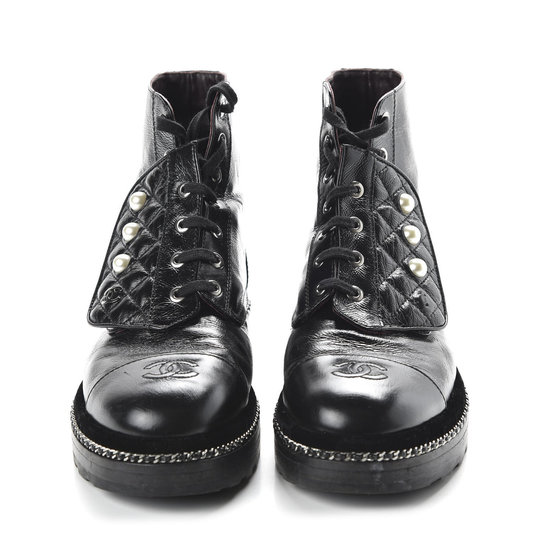 CHANEL CRACKLED CALFSKIN LEATHER VELVET PEARL COMBAT BOOTS