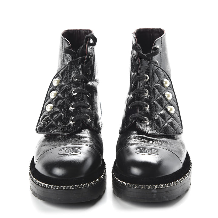 CHANEL CRACKLED CALFSKIN LEATHER VELVET PEARL COMBAT BOOTS