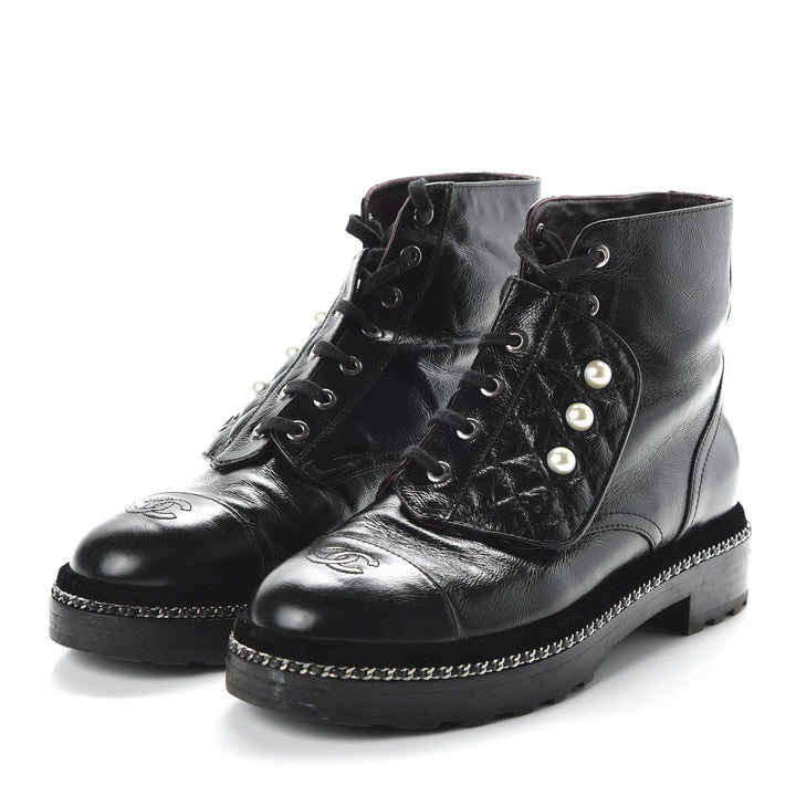 CHANEL CRACKLED CALFSKIN LEATHER VELVET PEARL COMBAT BOOTS