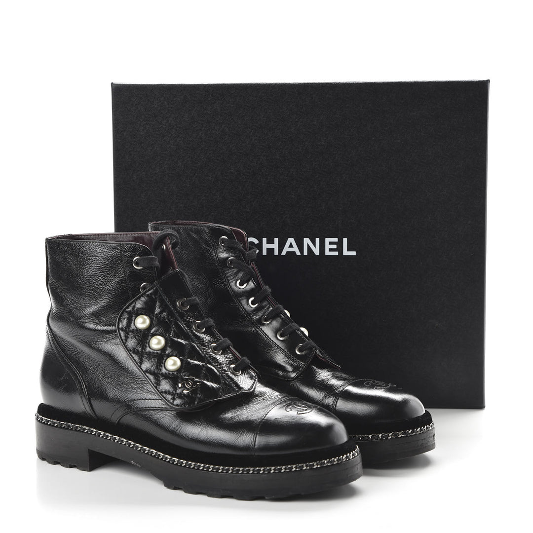 CHANEL CRACKLED CALFSKIN LEATHER VELVET PEARL COMBAT BOOTS