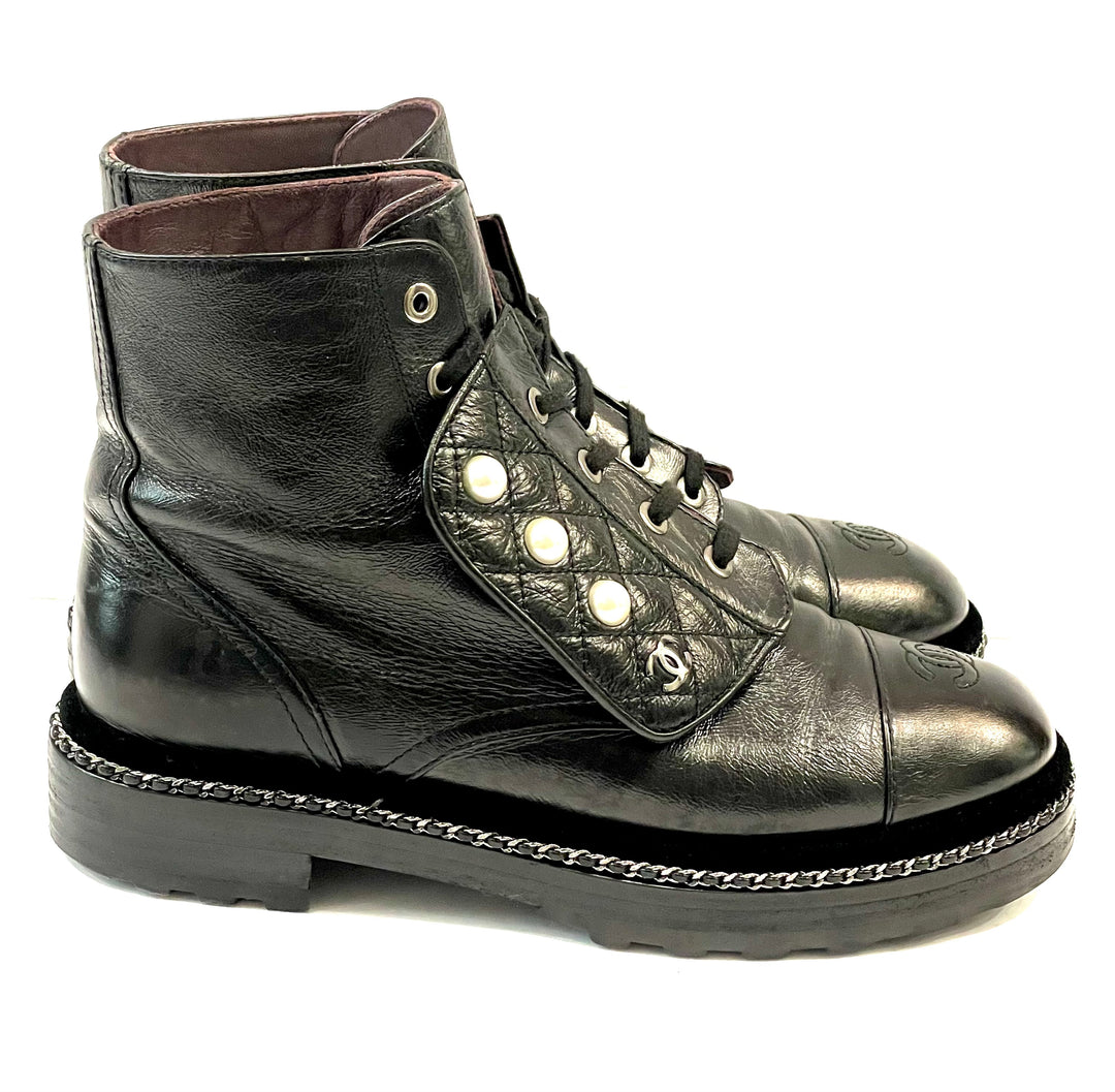CHANEL CRACKLED CALFSKIN LEATHER VELVET PEARL COMBAT BOOTS