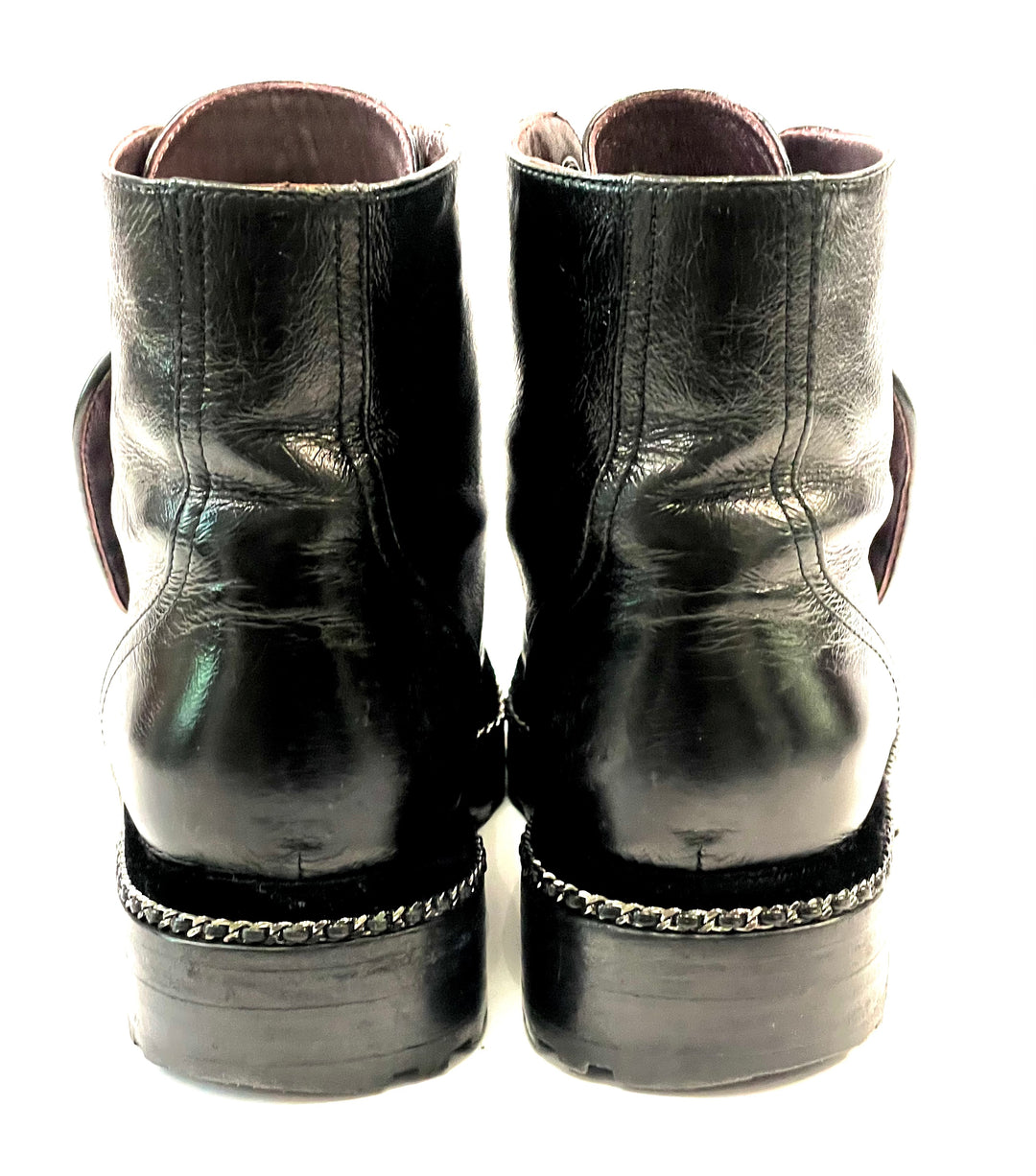 CHANEL CRACKLED CALFSKIN LEATHER VELVET PEARL COMBAT BOOTS