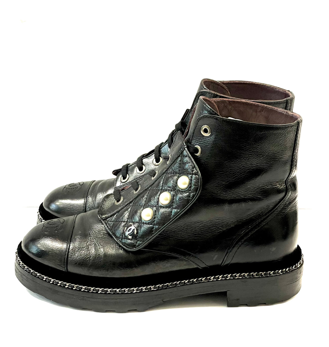 CHANEL CRACKLED CALFSKIN LEATHER VELVET PEARL COMBAT BOOTS
