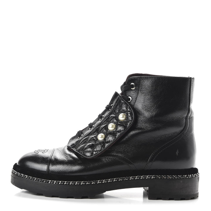 CHANEL CRACKLED CALFSKIN LEATHER VELVET PEARL COMBAT BOOTS