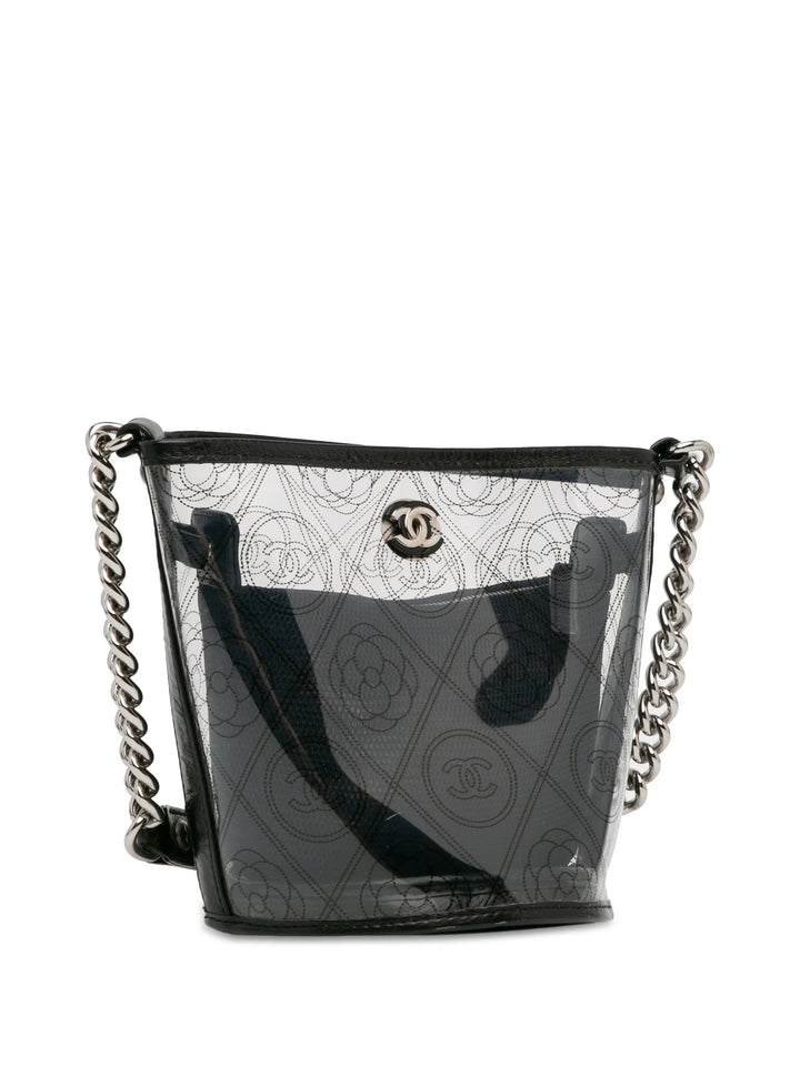 CHANEL CRUMPLED CALFSKIN PVC CAMELLIA BUCKET BAG