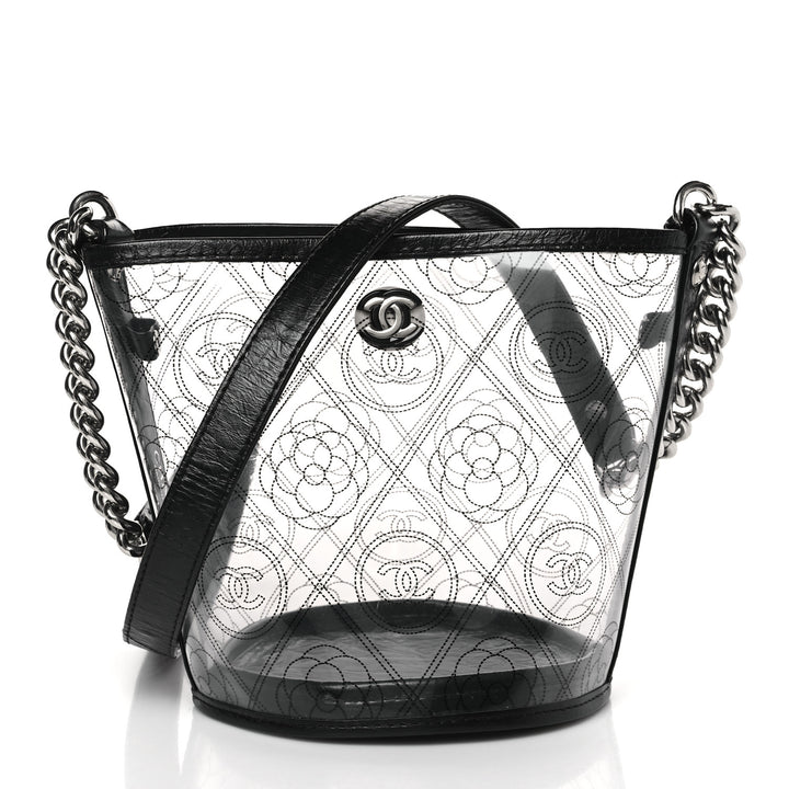 CHANEL CRUMPLED CALFSKIN PVC CAMELLIA BUCKET BAG