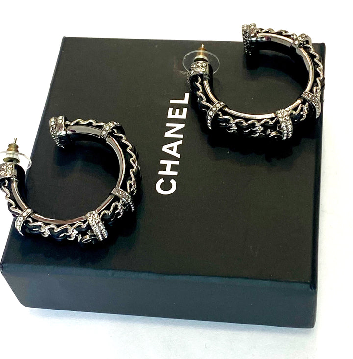 CHANEL CC CRYSTAL RUTHENIUM HOOP EARRINGS