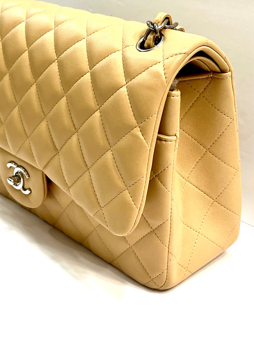 CHANEL QUILTED LAMBSKIN DOUBLE FLAP BEIGE SHOULDER BAG