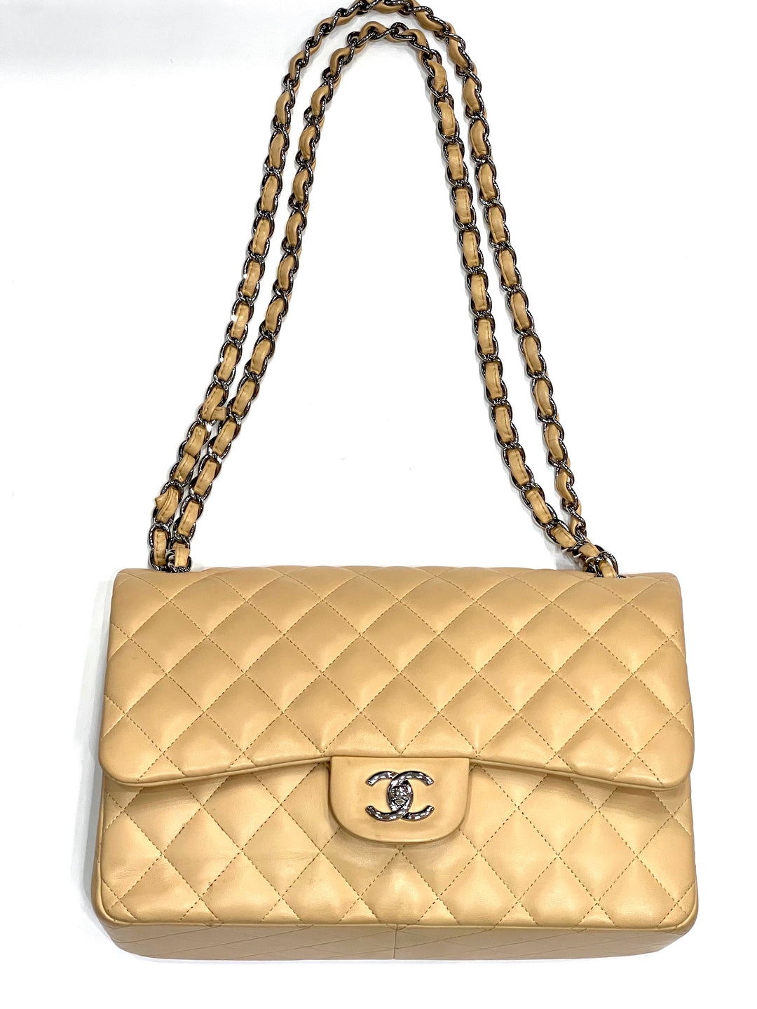 CHANEL QUILTED LAMBSKIN DOUBLE FLAP BEIGE SHOULDER BAG