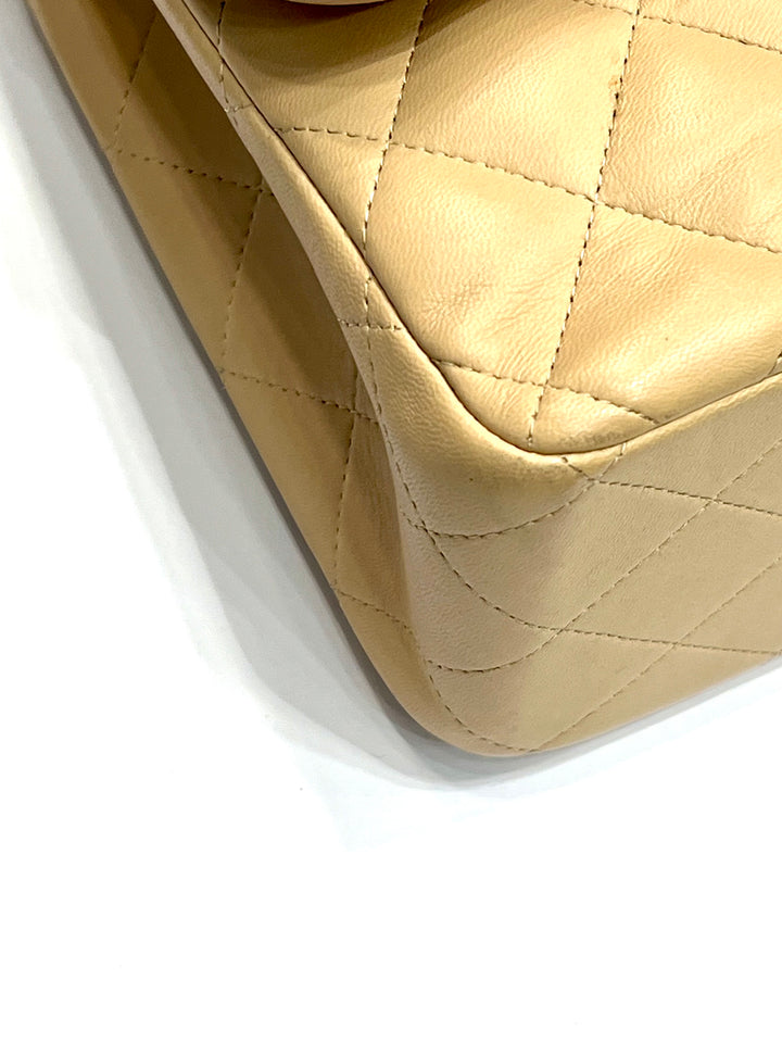 CHANEL QUILTED LAMBSKIN DOUBLE FLAP BEIGE SHOULDER BAG