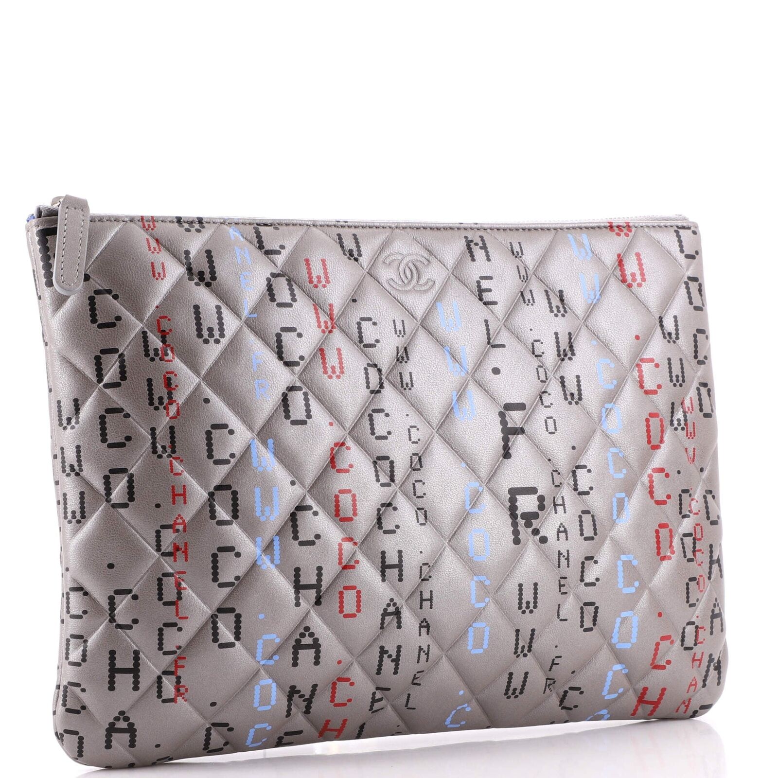 CHANEL METALLIC SILVER QUILTED LAMBSKIN PRINTED DATA CENTER O CLUTCH –  Caroline's Fashion Luxuries