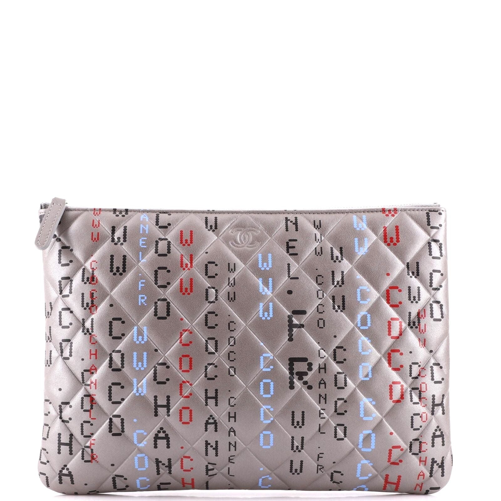 CHANEL METALLIC SILVER QUILTED LAMBSKIN PRINTED DATA CENTER O CLUTCH