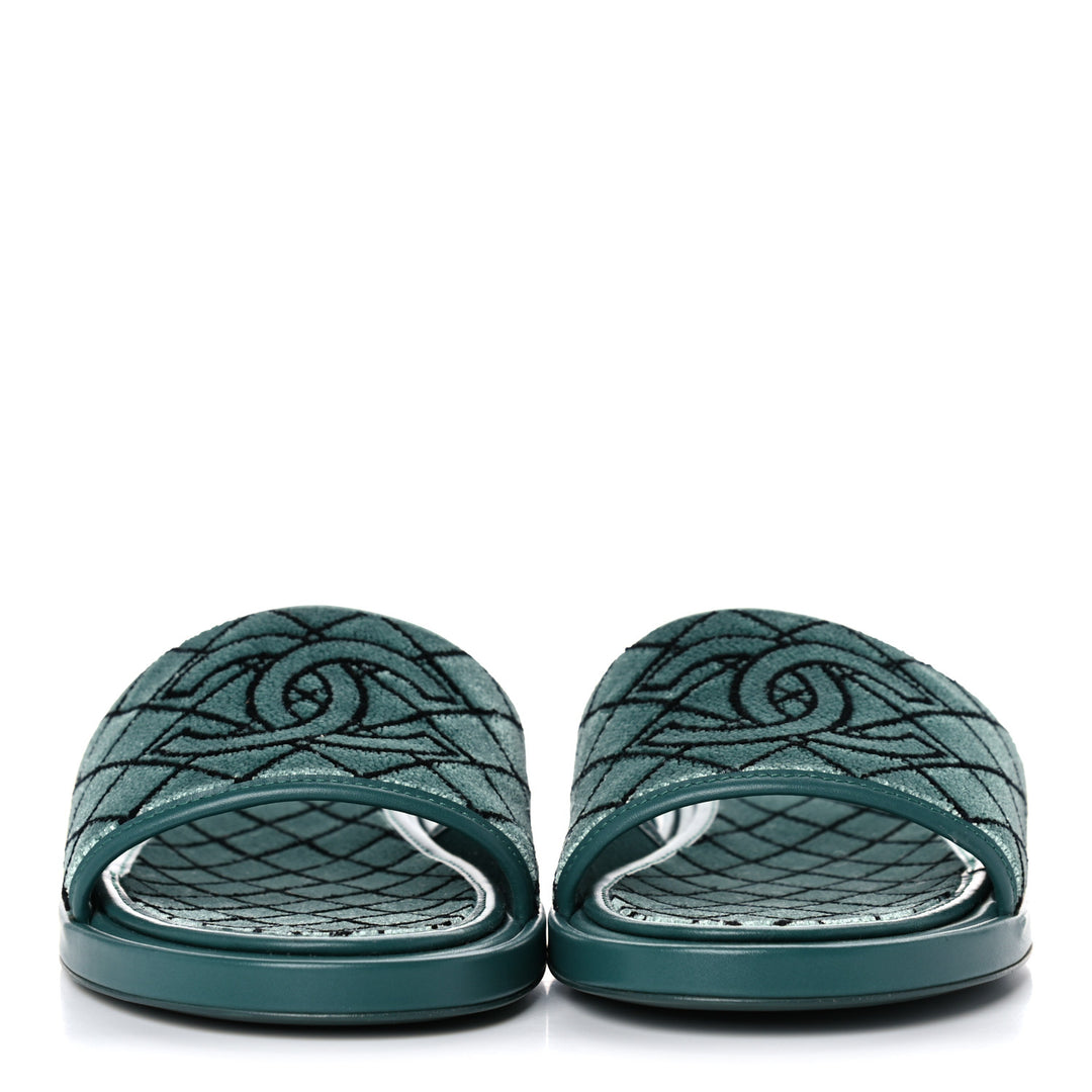 CHANEL CC EMROIDERED FABRIC &amp; CALFSKIN SLIDE MULES