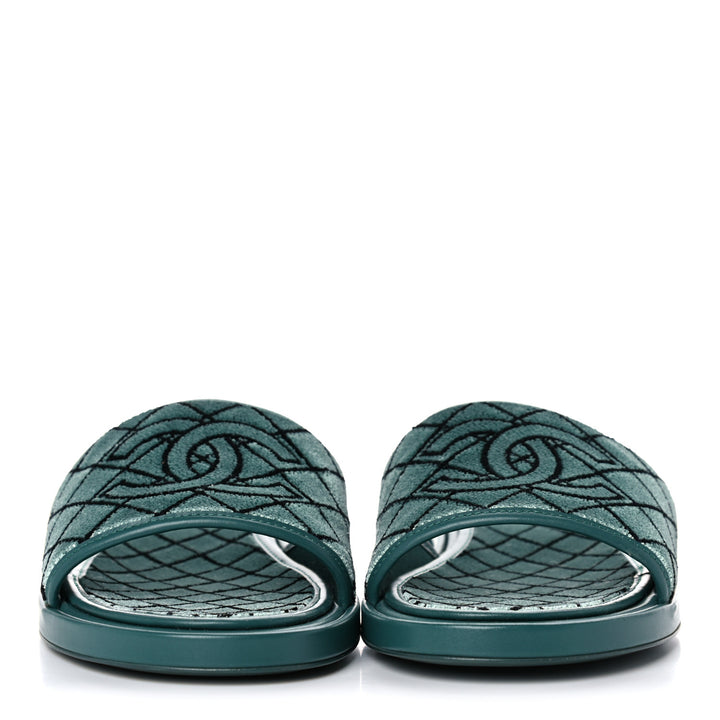 CHANEL CC EMROIDERED FABRIC &amp; CALFSKIN SLIDE MULES