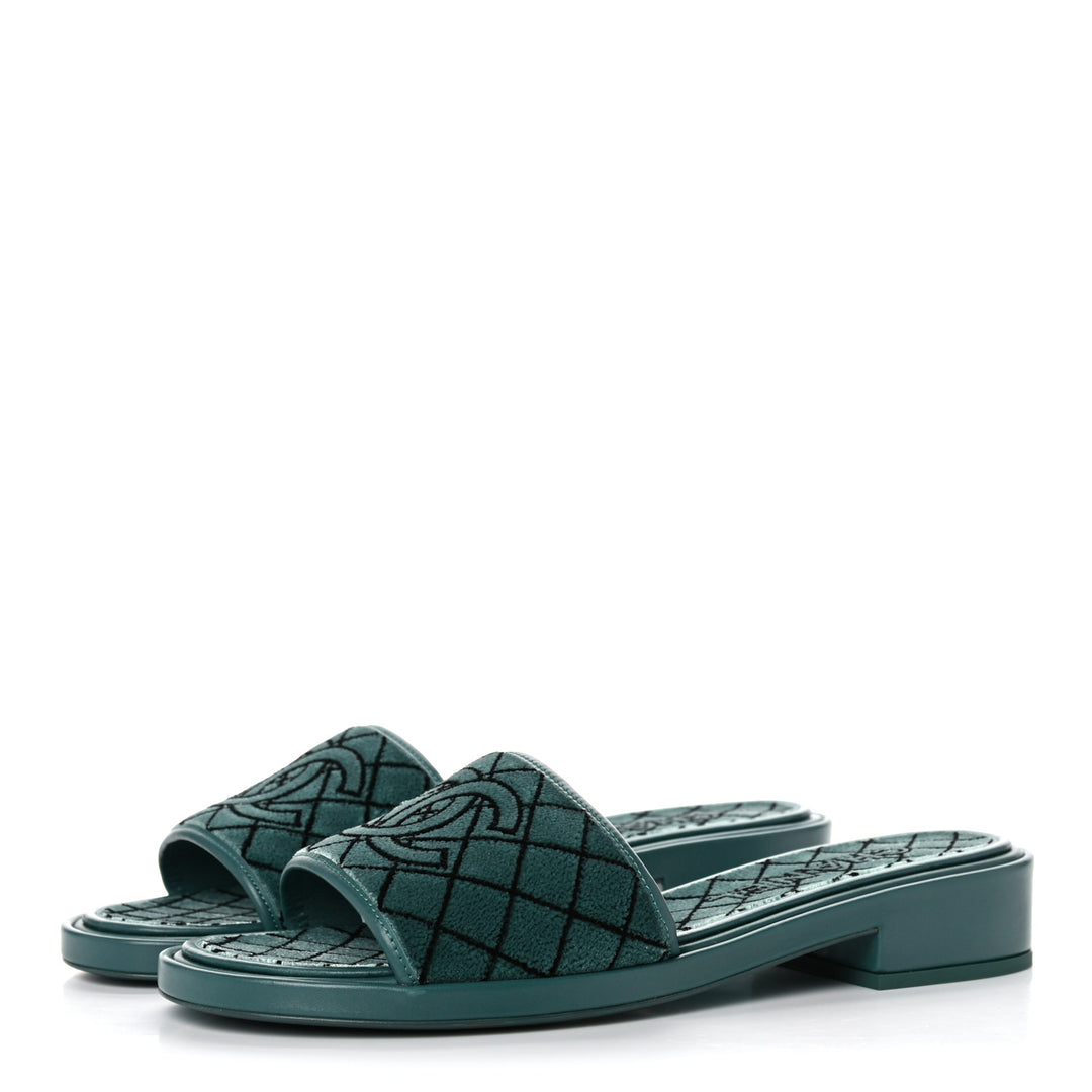 CHANEL CC EMROIDERED FABRIC &amp; CALFSKIN SLIDE MULES