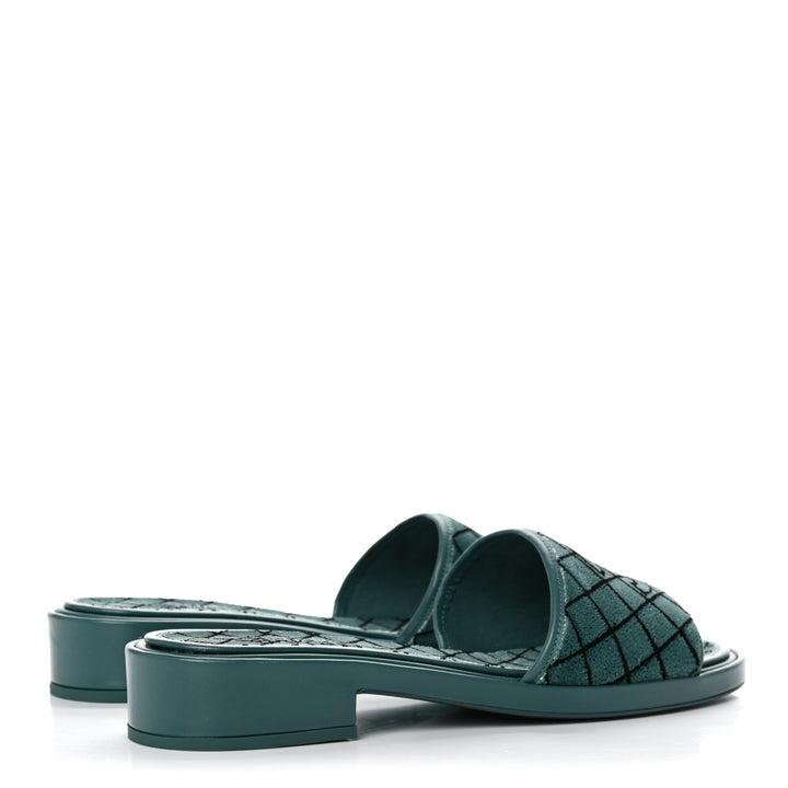 CHANEL CC EMROIDERED FABRIC &amp; CALFSKIN SLIDE MULES