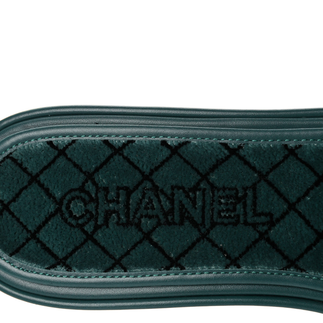 CHANEL CC EMROIDERED FABRIC &amp; CALFSKIN SLIDE MULES
