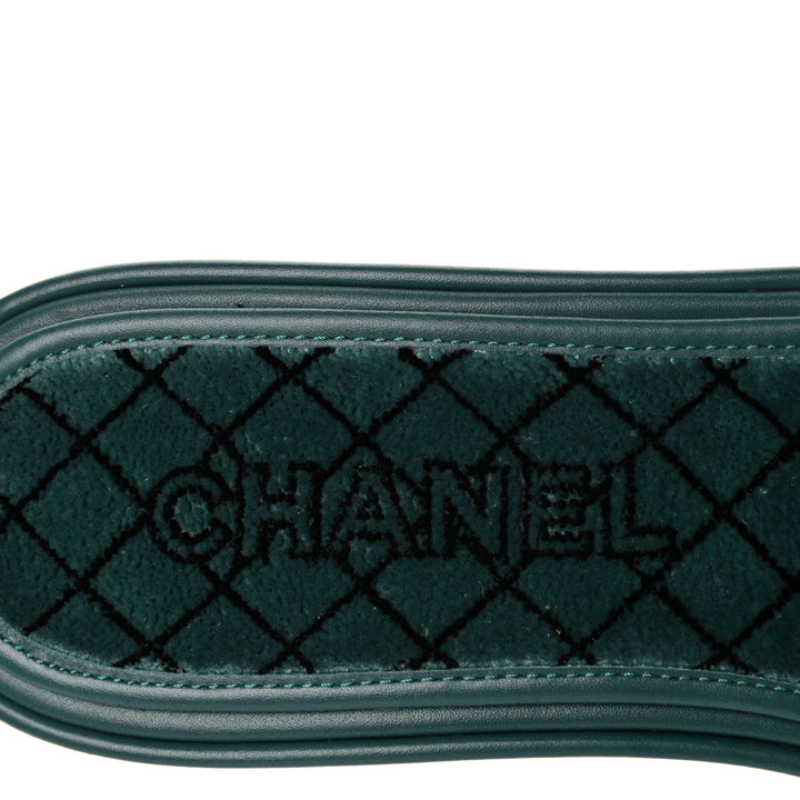 CHANEL CC EMROIDERED FABRIC &amp; CALFSKIN SLIDE MULES
