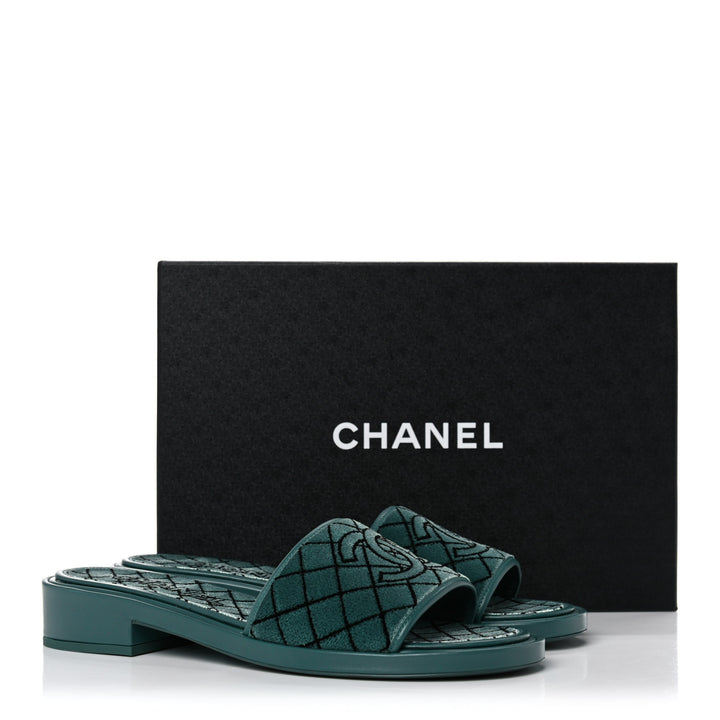 CHANEL CC EMROIDERED FABRIC &amp; CALFSKIN SLIDE MULES