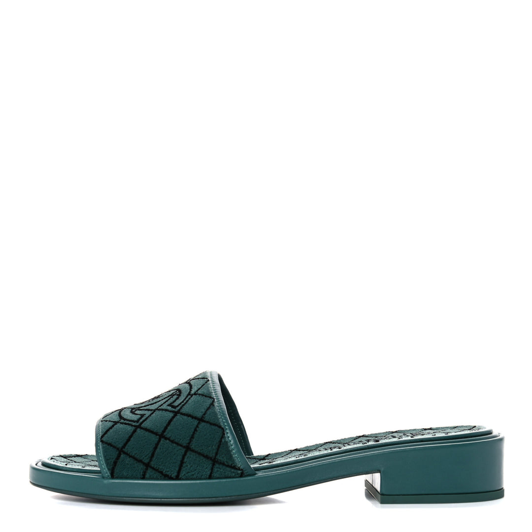 CHANEL CC EMROIDERED FABRIC &amp; CALFSKIN SLIDE MULES