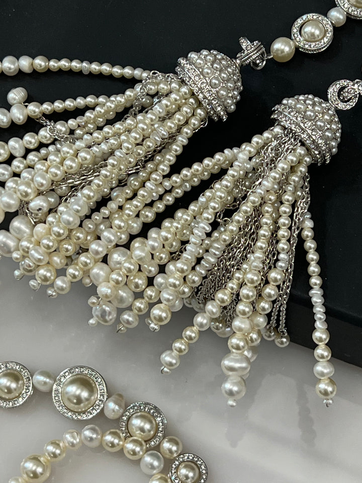 CHANEL FAUX PEARL CRYSTAL CC TASSLE NECKLACE/ BELT