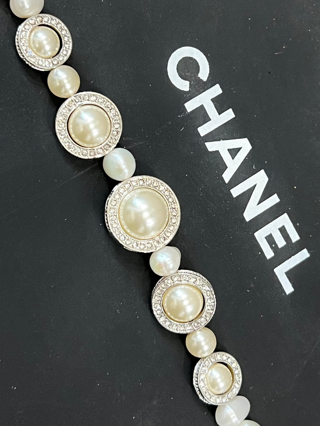 CHANEL FAUX PEARL CRYSTAL CC TASSLE NECKLACE/ BELT