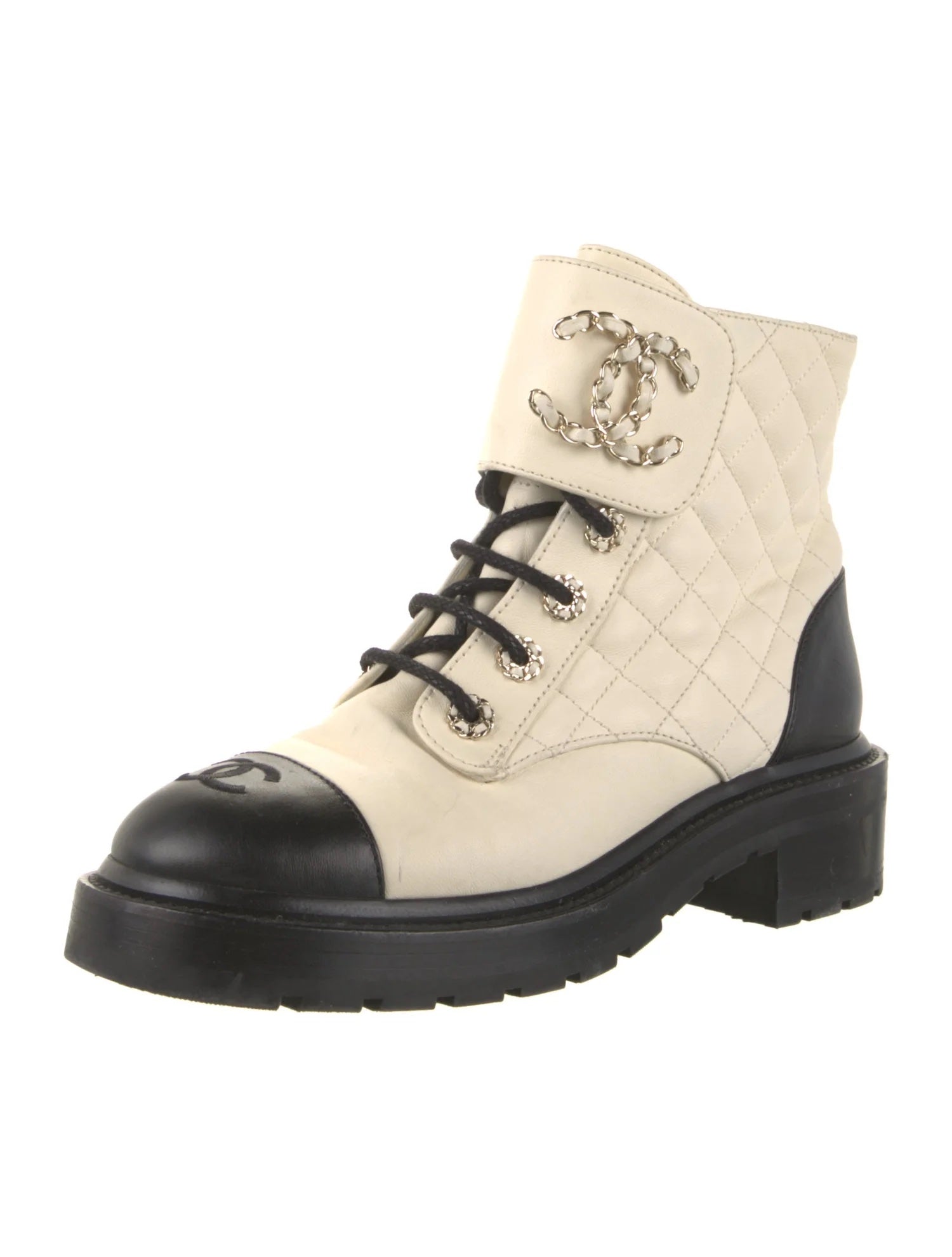 CHANEL Caviar Calfskin Quilted Chain Lace Up Combat Boots 35.5 White Black  1240880