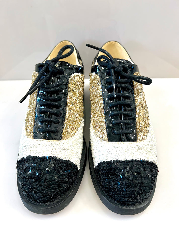 CHANEL INTERLOCKING CC LOGO SEQUIN EMBELLISHED OXFORDS
