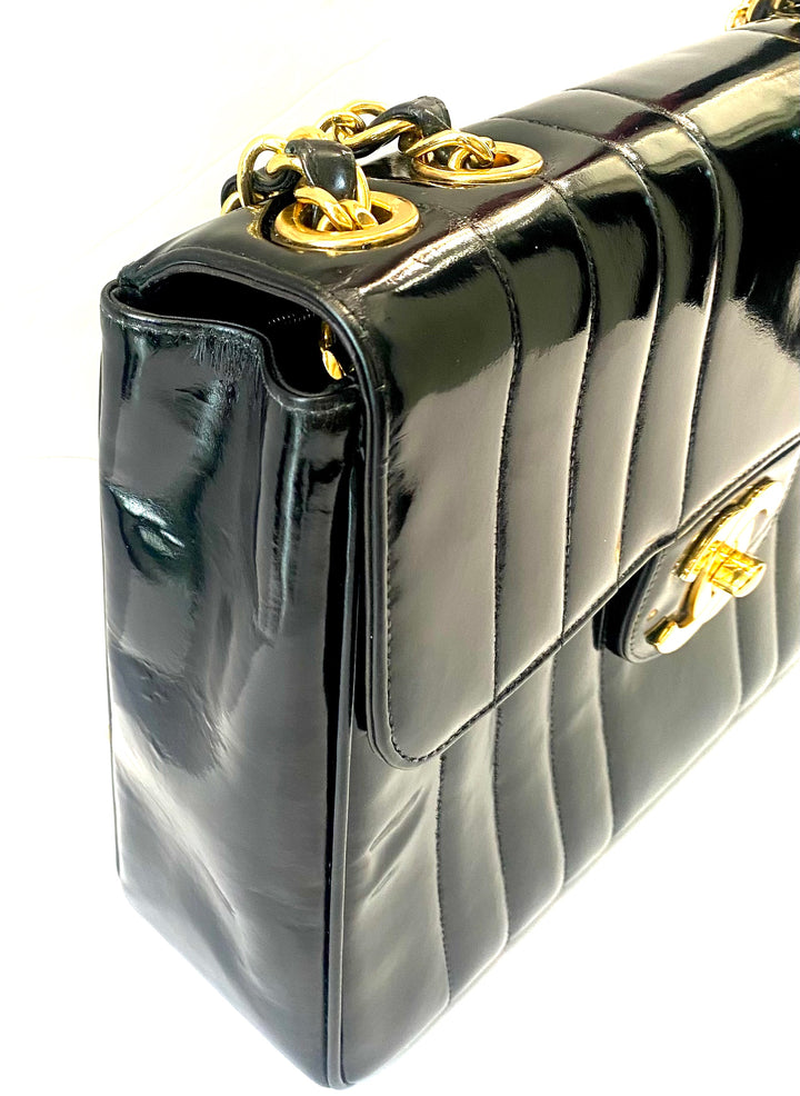 CHANEL JUMBO MADEMOISELLE VERTICAL QUILT VINTAGE PATENT LEATHER BAG