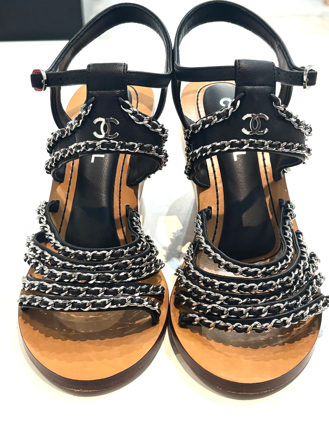 CHANEL MULTI CHAIN LAMBSKIN LEATHER WEDGE HEEL SANDALS