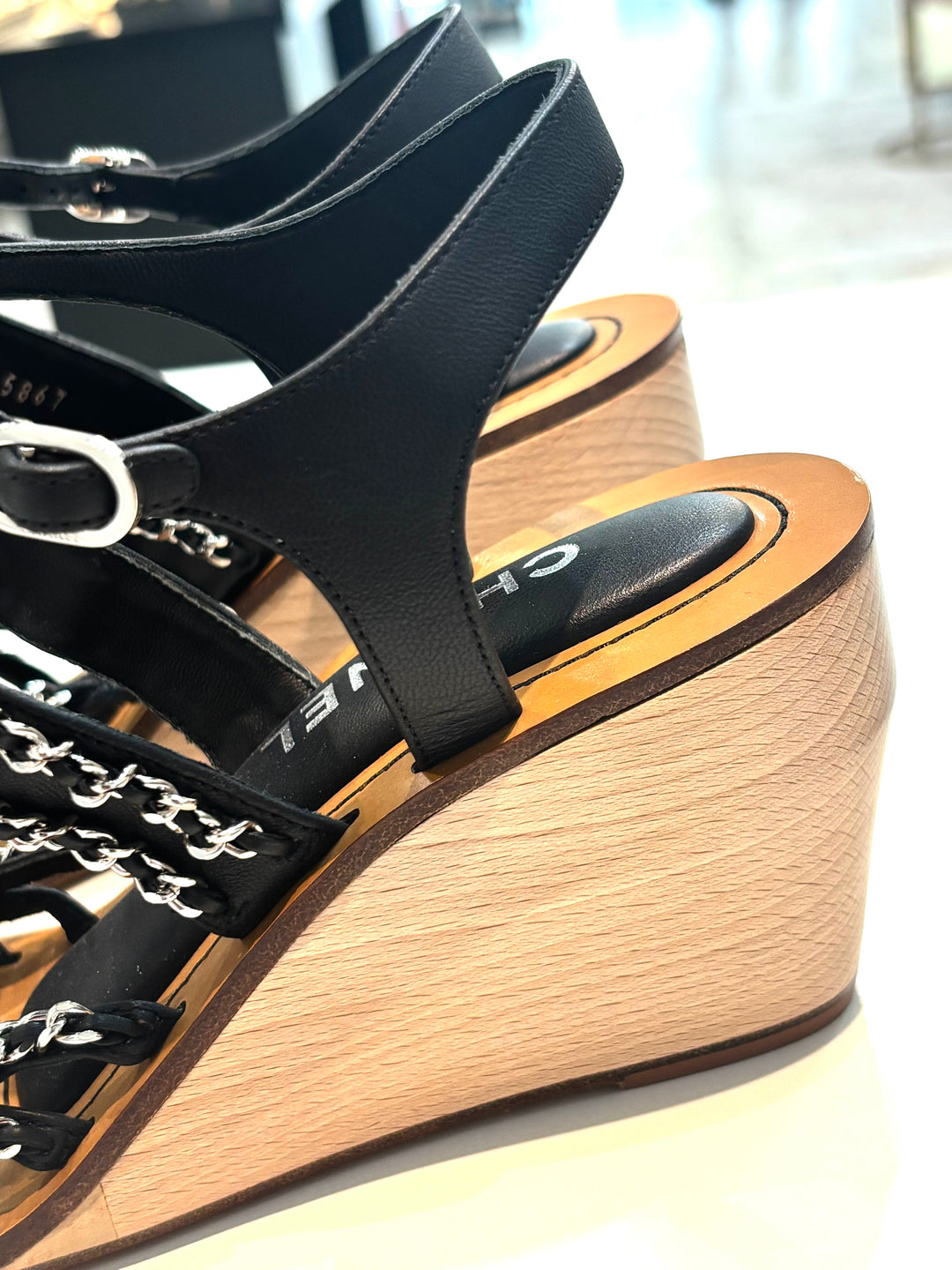 CHANEL MULTI CHAIN LAMBSKIN LEATHER WEDGE HEEL SANDALS