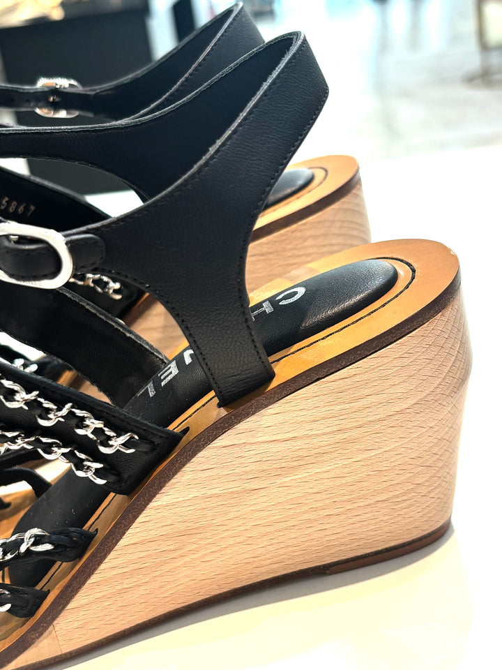 CHANEL MULTI CHAIN LAMBSKIN LEATHER WEDGE HEEL SANDALS