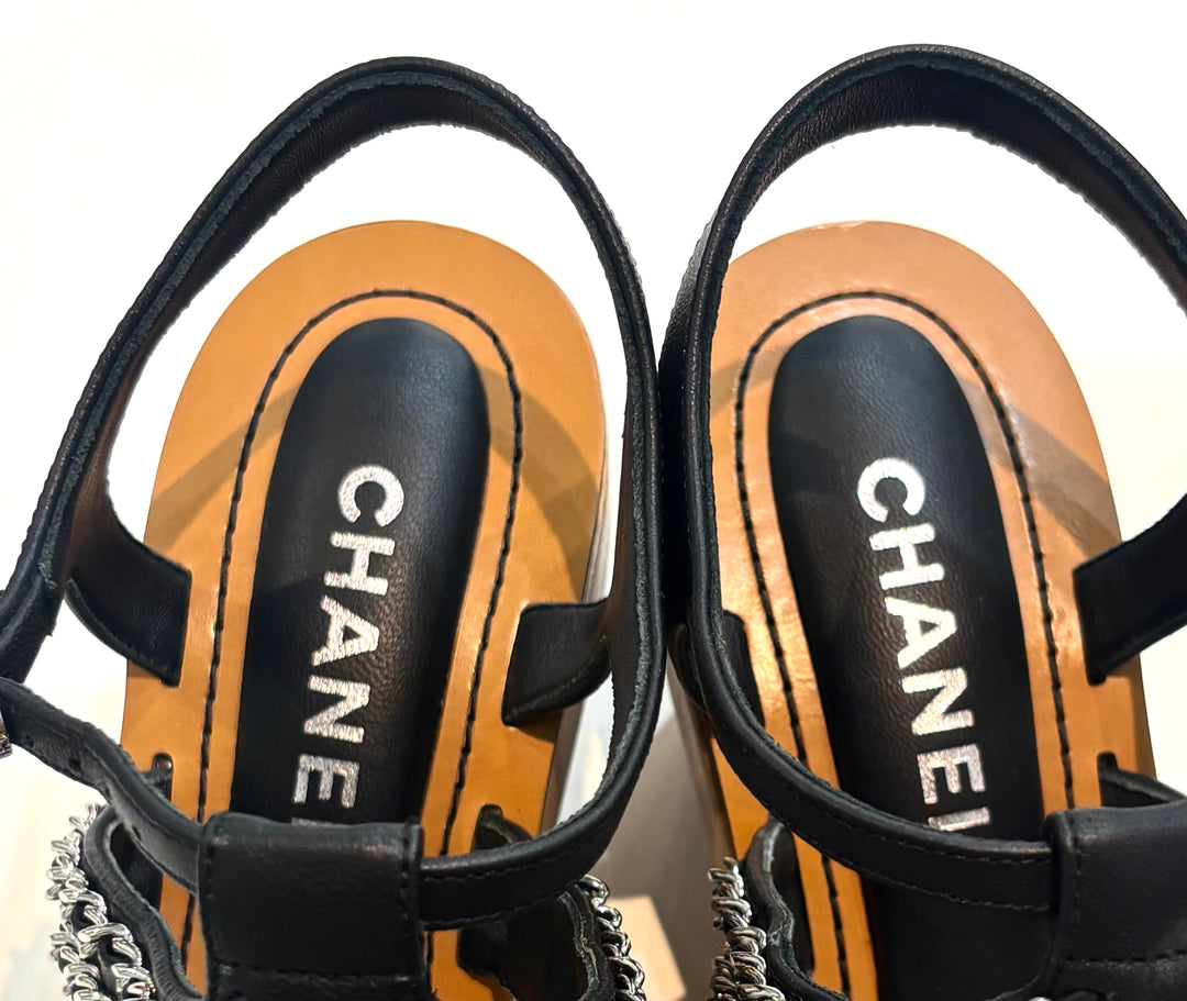 CHANEL MULTI CHAIN LAMBSKIN LEATHER WEDGE HEEL SANDALS