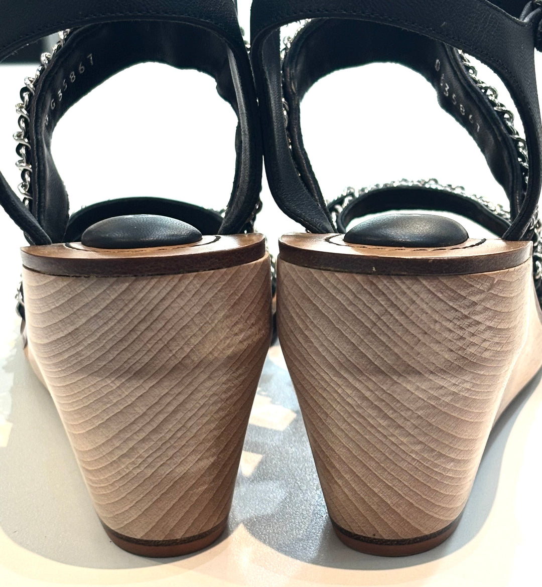 CHANEL MULTI CHAIN LAMBSKIN LEATHER WEDGE HEEL SANDALS