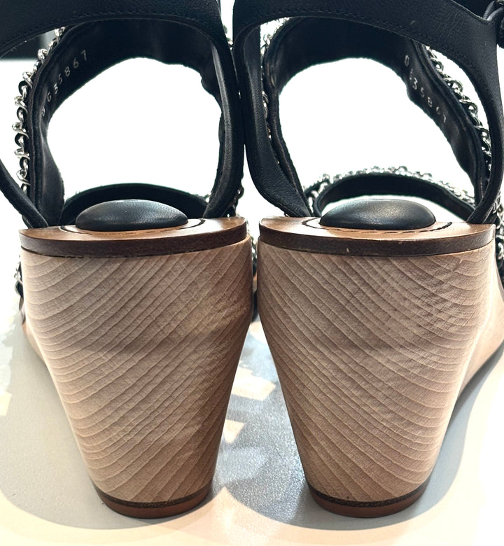 CHANEL MULTI CHAIN LAMBSKIN LEATHER WEDGE HEEL SANDALS