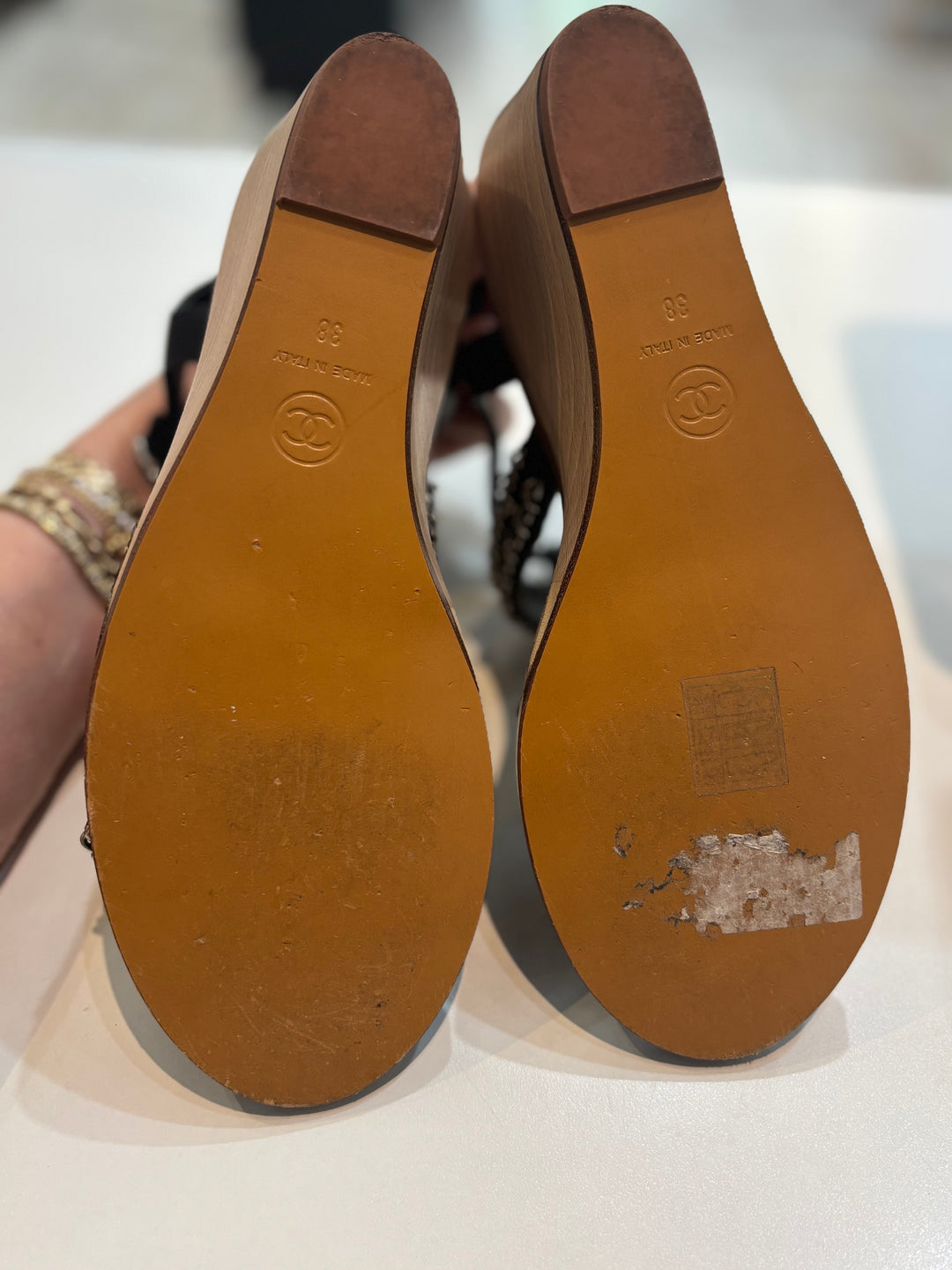 CHANEL MULTI CHAIN LAMBSKIN LEATHER WEDGE HEEL SANDALS