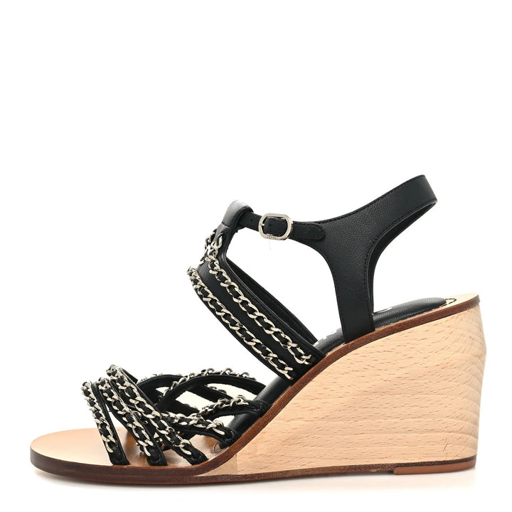 CHANEL MULTI CHAIN LAMBSKIN LEATHER WEDGE HEEL SANDALS