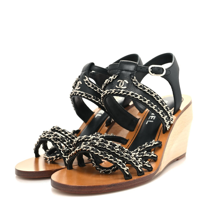 CHANEL MULTI CHAIN LAMBSKIN LEATHER WEDGE HEEL SANDALS