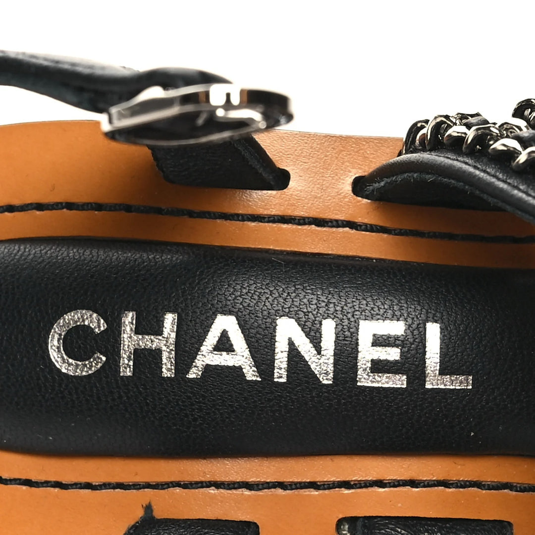 CHANEL MULTI CHAIN LAMBSKIN LEATHER WEDGE HEEL SANDALS