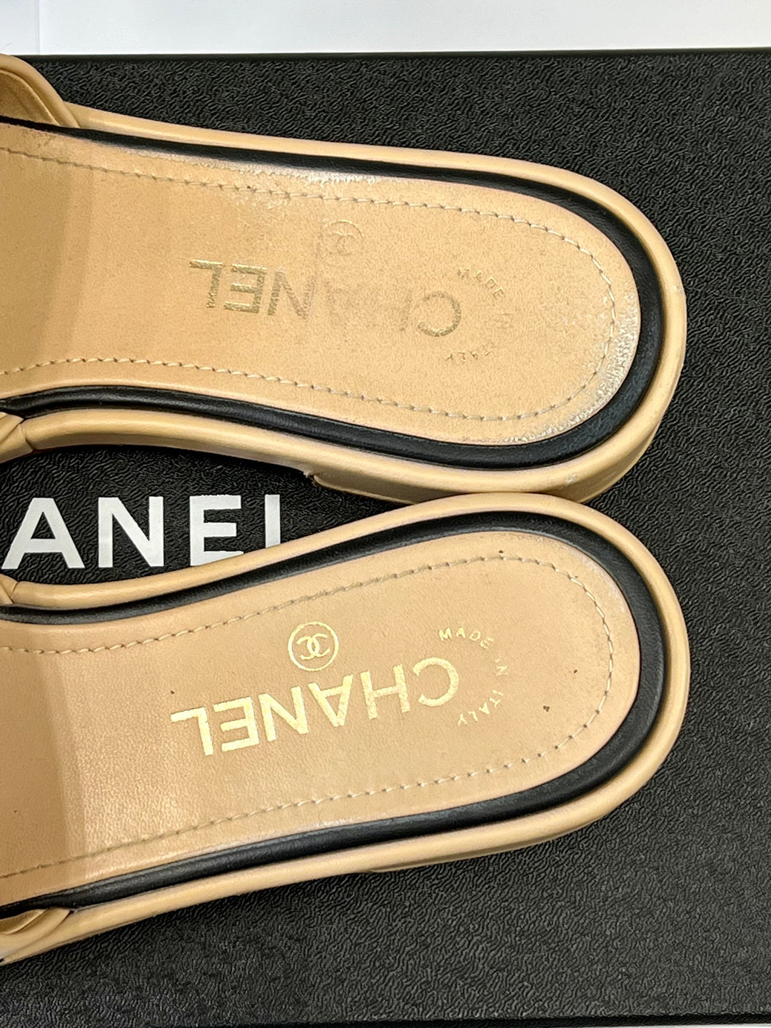 CHANEL LAMBSKIN EMBROIDERED LOGO MULES